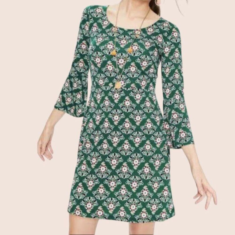 Boden US Size 6L Miriam Stretch Jersey Tunic Dress Green Floral Bell Sleeve